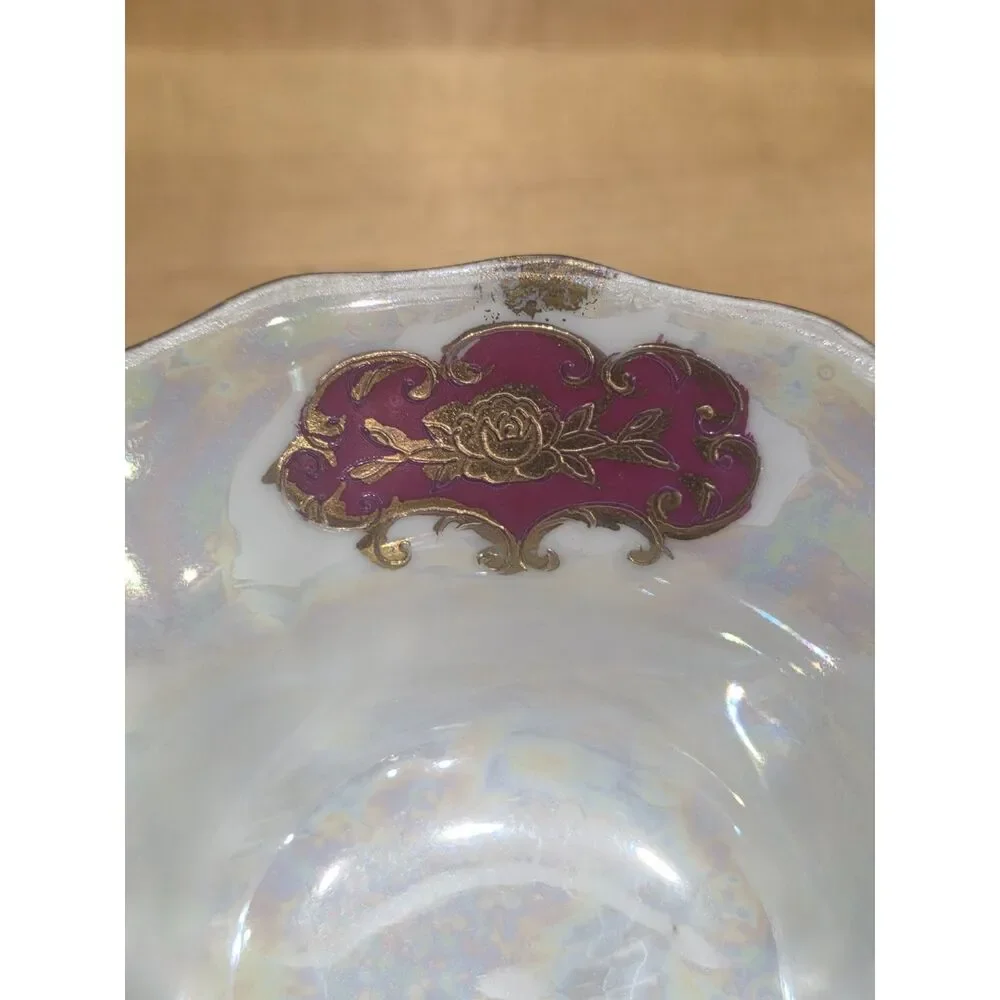 Vintage Lefton China Iridescent Lusterware Teacup Saucer Set Maroon Gold 20336